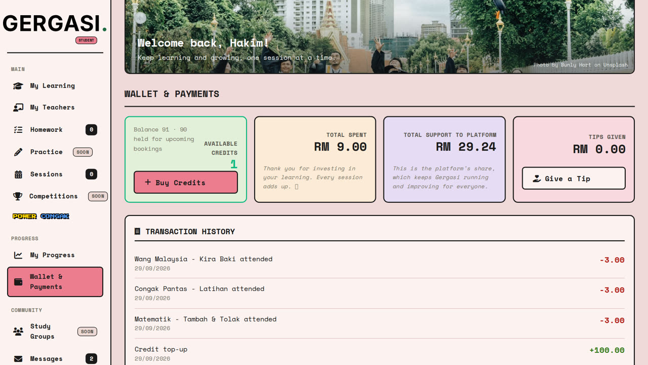 Papan pemuka murid: dompet, mesej dan guru